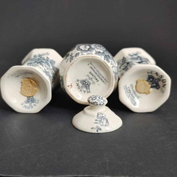 Mason's Stratford Blue Condiment Set Salt Pepper Shakers Mustard Jar Tray - Picture 7 of 11